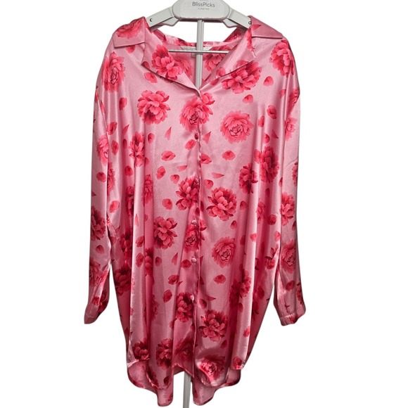 Cacique Other - Cacique Pink Red Floral Women Satin Button Front Nightshirt Sleepwear Size 22/24